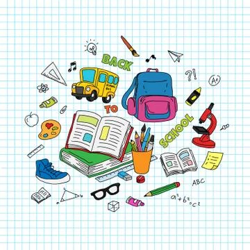 Back to School text. School and studying stuff doodle with grid paper Stock Illustration