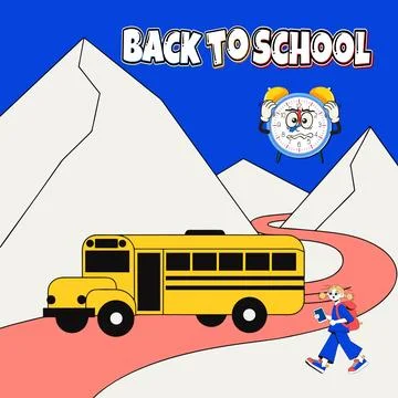 Back to school text with school bus and student on mountain road with alarm Stock Illustration