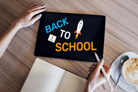 Back to school text on screen. Education and e-learning concept. Stock-Fotos