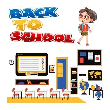 Back to school text with student and classroom interior elements. 库存插图