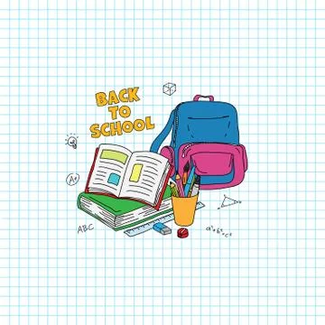 Back to school text. Studying stuff doodle style illustration. Opened book, b Stock Illustration