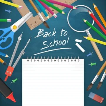 Back to school text with supplies vector illustration Stock-Illustration
