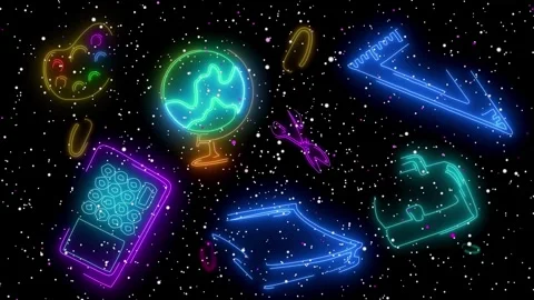 Back to school text title neon glowing with striped students icons with draw Stock Footage 246860683