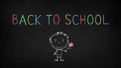 "Back to school" text written on chalkboard and cartoon animation of a character Stock Footage 135464777