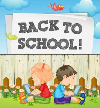 Back to school theme with kids and computers Illustrazione stock