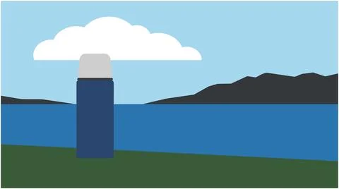 Back to School Thermos flask standing in nature by the lake with container .. Stock Illustration