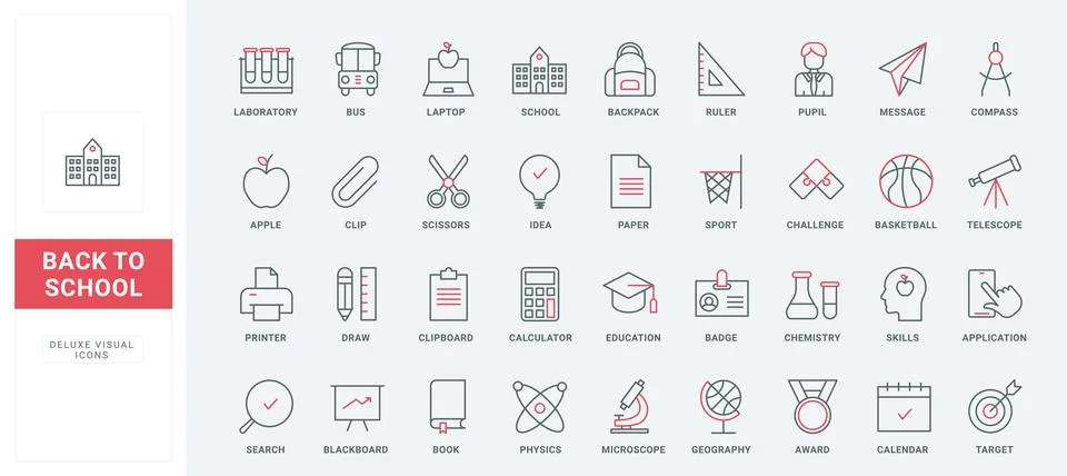 Back to school thin black and red line icons set, education and graduation 스톡 일러스트