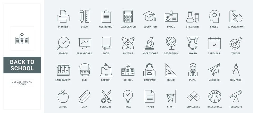 Back to school thin black and red line icons set, education and graduation Stock Illustration