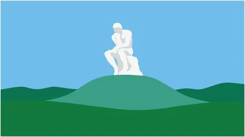 Back to School Thinking man sculpture on green hill under blue sky with thi.. Stock Illustration