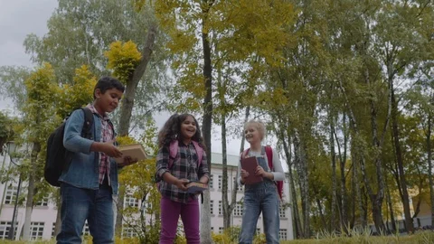 Back to school. Three Friends With Backpacks huging and laughing in front of Stock Footage 113133403