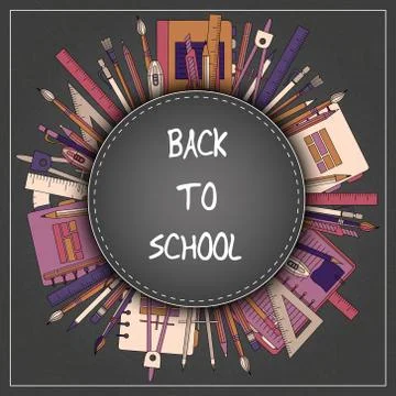 Back to School Title Texts with  Items in a Circle for Poster Design Stock Illustration