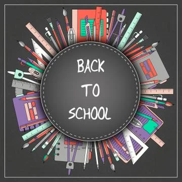 Back to School Title Texts with  Items in a Circle for Poster Design Stock Illustration
