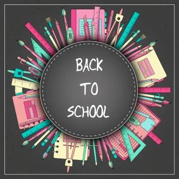 Back to School Title Texts with  Items in a Circle for Poster Design Stock Illustration