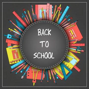 Back to School Title Texts with  Items in a Circle for Poster Design Stock Illustration