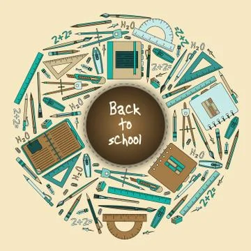 Back to School Title Texts with  Items in a Circle for Poster Design Stock Illustration
