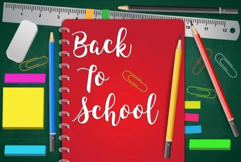Back to School Title Words with Realistic School Items  Pencils, Rubber and R Stock Illustration