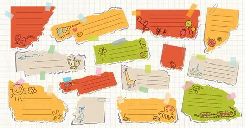 Back to school. Torn pieces of colored paper. Childrens collage and doodles Stock Illustration