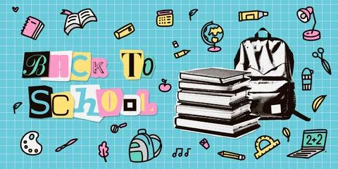 Back to school trendy halftone collage banner template with doodles on a Stock Illustration