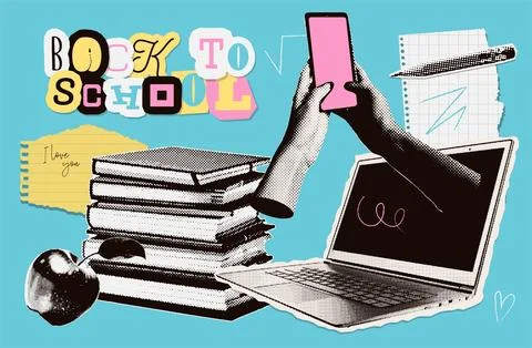 Back to school trendy halftone collage elements set with doodles and cutout zine Stock Illustration