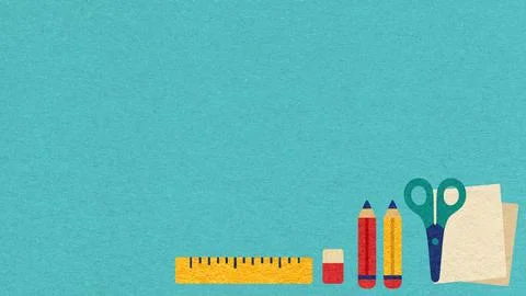 Back to school turquoise textured paper background with copy space and statio Stock Illustration