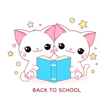 Back to school. Two cute little white cats with book Stock Illustration