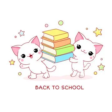 Back to school. Two cute little white cats with books Stock Illustration