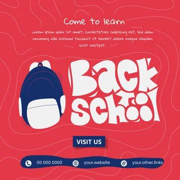 Back to school typography design with backpack flat illustration on red bac.. Stock Illustration