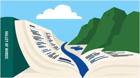 Back to School Valley of words open book landscape illustration with mounta.. Stock Illustration