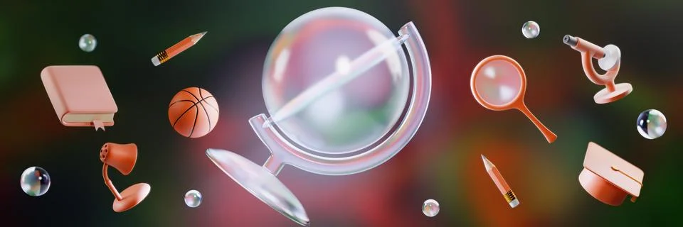 Back to school. Various educational objects around a glass globe. Illustrazione stock