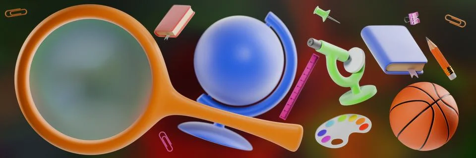 Back to school. Various educational objects including a magnifying glass Illustrazione stock