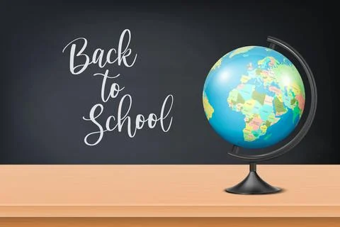 Back to School. Vector 3d Realistic Black Chalkboard, Wooden Frame and Globe of Illustrazione stock