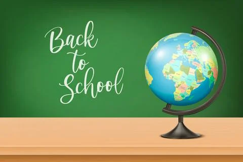 Back to School. Vector 3d Realistic Green Chalkboard, Wooden Frame and Globe of Stock Illustration