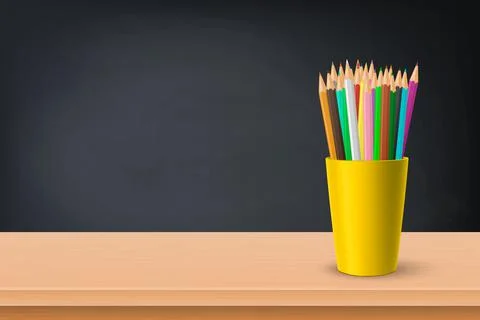 Back to School. Vector 3d Realistic Black Chalkboard, Wooden Frame and Cup with 스톡 일러스트