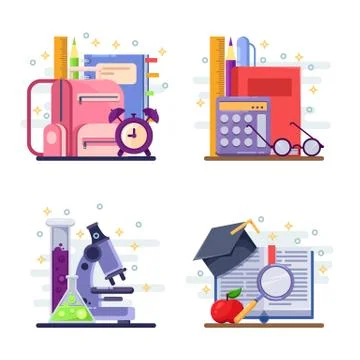 Back to school vector abstract flat illustration. Education and study icons, Stock Illustration