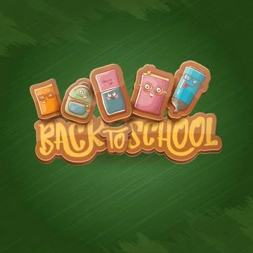 Back to school vector background template with funny cartoon supplies like Illustrazione stock