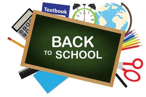 Back to school vector banner with green chalkboard and school supplies Stock Illustration