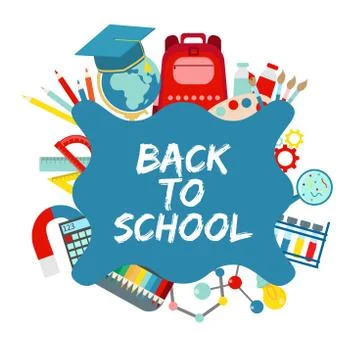Back to school vector banner with school supplies, education elements. Flat v Illustrazione stock