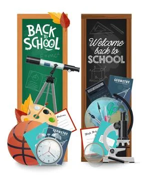 Back to school vector banners with school supplies Stock Illustration