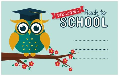 Back to school. Vector card with place for text. Wise owl with book and gradu Stock Illustration