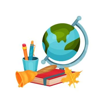 Back to school vector elements. Earth globe, cup with pen and pencil, red book Stock Illustration