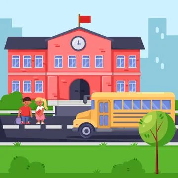 Back to school, vector flat illustration. School building, yellow bus and chi Stock Illustration