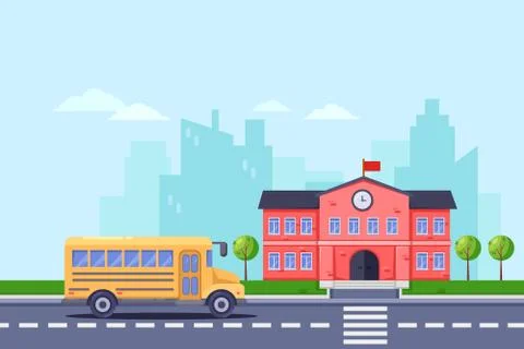 Back to school, vector flat illustration. School building and yellow bus on r Stock Illustration