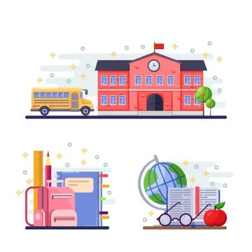 Back to school vector flat illustration. School building, yellow bus and stat Ilustración de archivo
