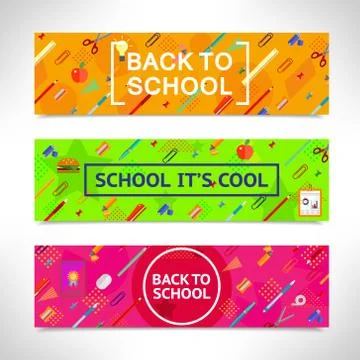 Back to school vector horizontal banners set. Colorful abstract backgrounds with Stock Illustration