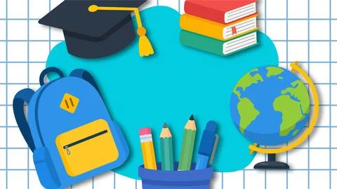 Back to school vector illustration with backpack books globe graduation cap.. Stock Illustration