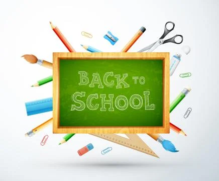 Back to school vector illustration with chalk board, pencil, ruller, objects Illustrazione stock