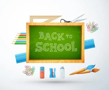 Back to school vector illustration with chalk board, pencil, ruller, objects Stock Illustration