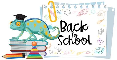 Back to School Vector Illustration with Chameleon and Educational Supplies Stock Illustration