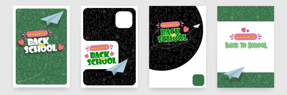 Back to School vector illustration set, cute designs with paper airplane, hearts 库存插图