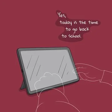 Back to school. Vector illustration of standing tablet in cartoon with the .. Stock Illustration